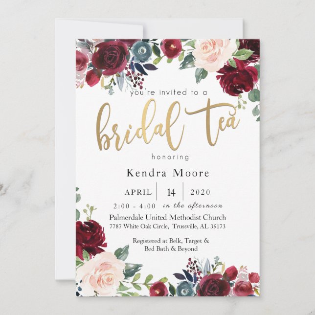 Burgundy Floral Bridal Tea Invitation (Front)
