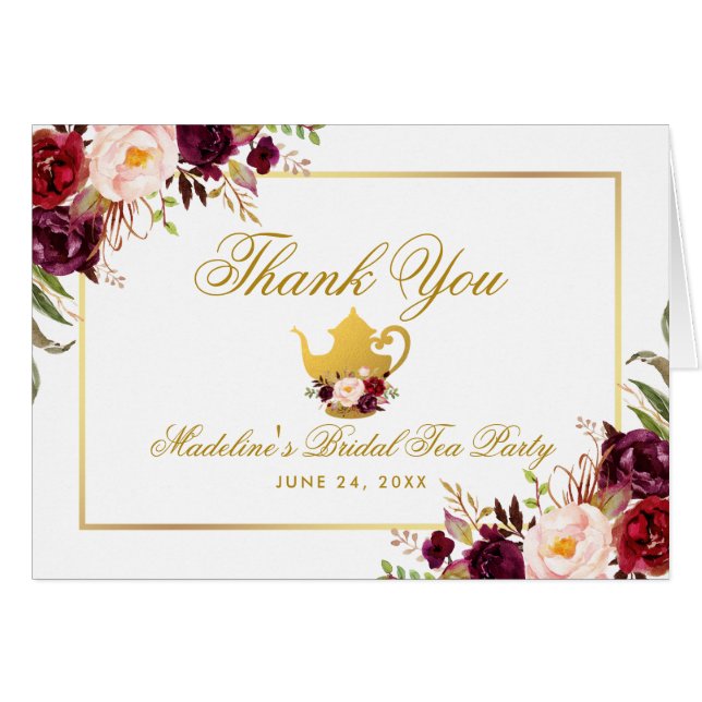 Burgundy Floral Bridal Tea Party Thanks Note (Front Horizontal)
