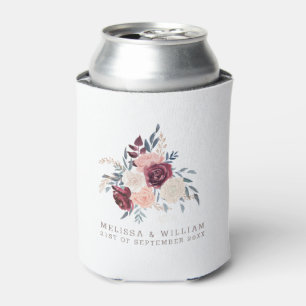 Burgundy Floral Bride and Groom Ivory Wedding Can Cooler