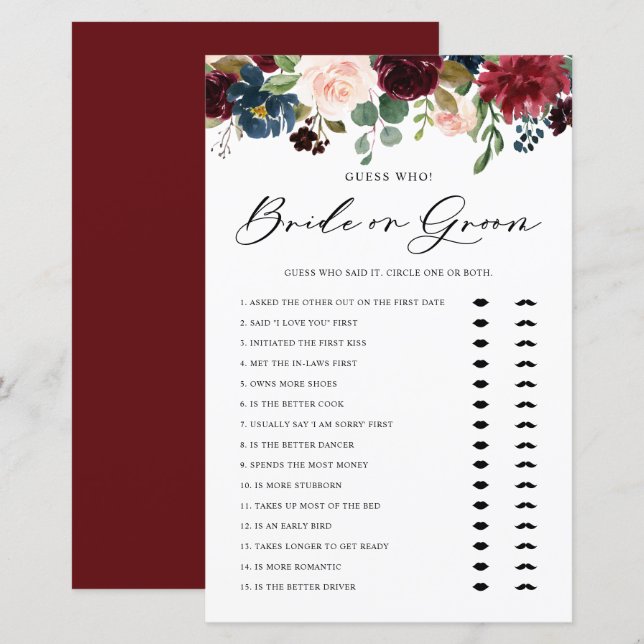 Burgundy Floral Bride or Groom Bridal Shower Game (Front/Back)