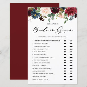 Burgundy Floral Bride or Groom Bridal Shower Game