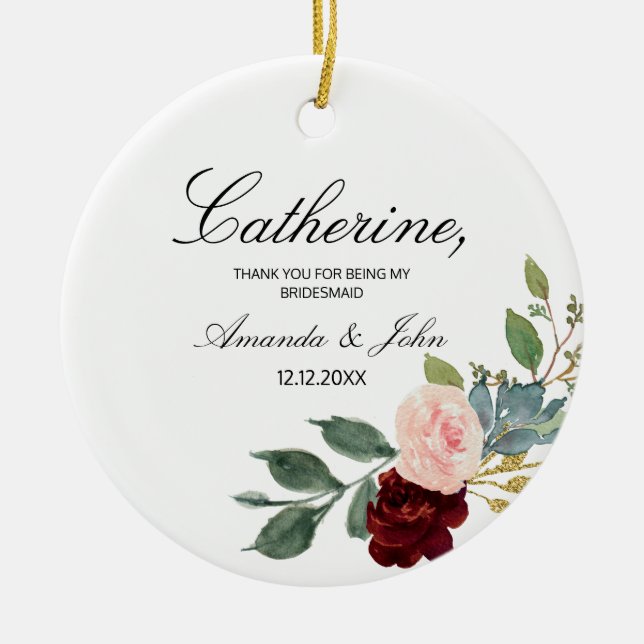 Burgundy Floral Bridesmaid Engaged ornament (Front)