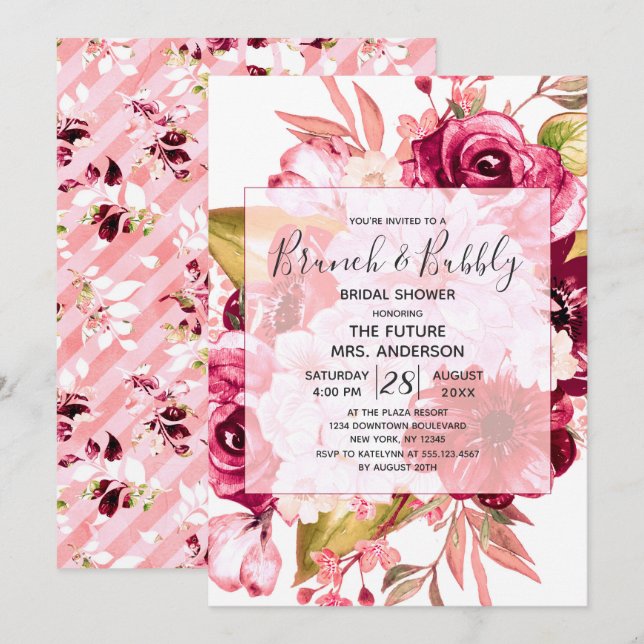 Burgundy Floral Brunch & Bubbly Bridal Shower Invitation (Front/Back)