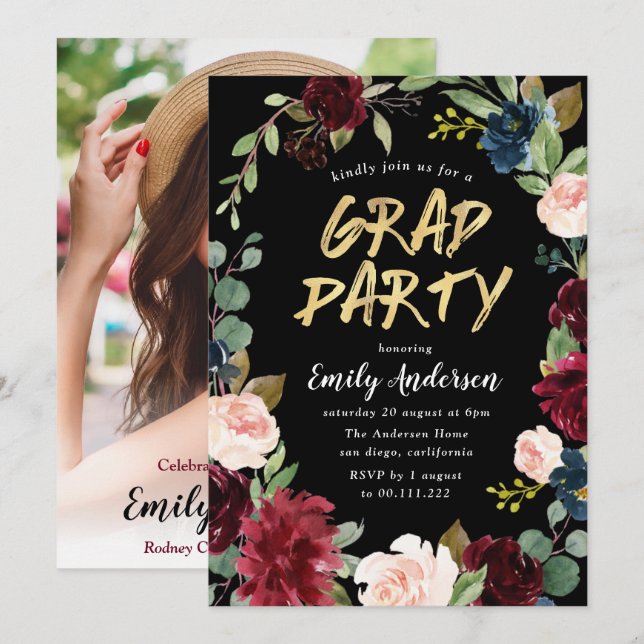 Burgundy floral brush script blac graduation party invitation (Front/Back)