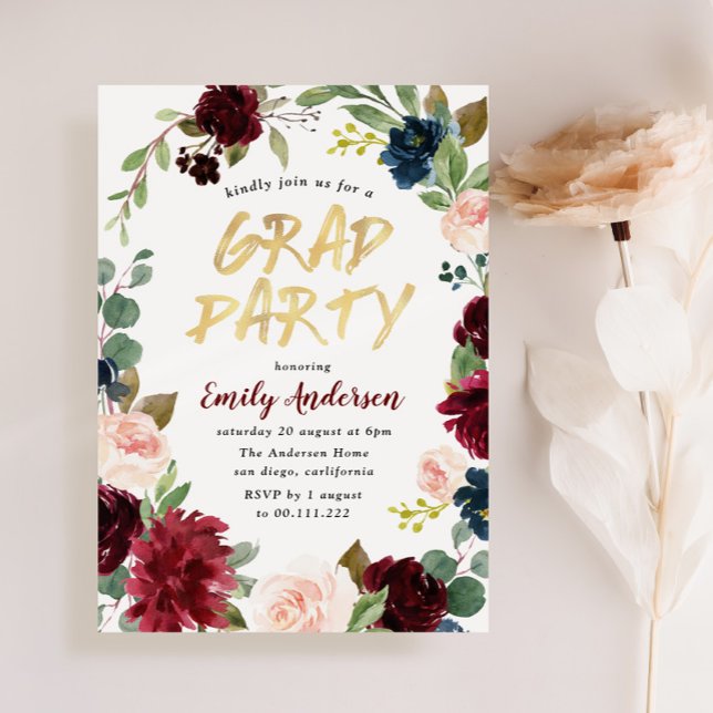 Burgundy floral brush script graduation party invitation (Creator Uploaded)
