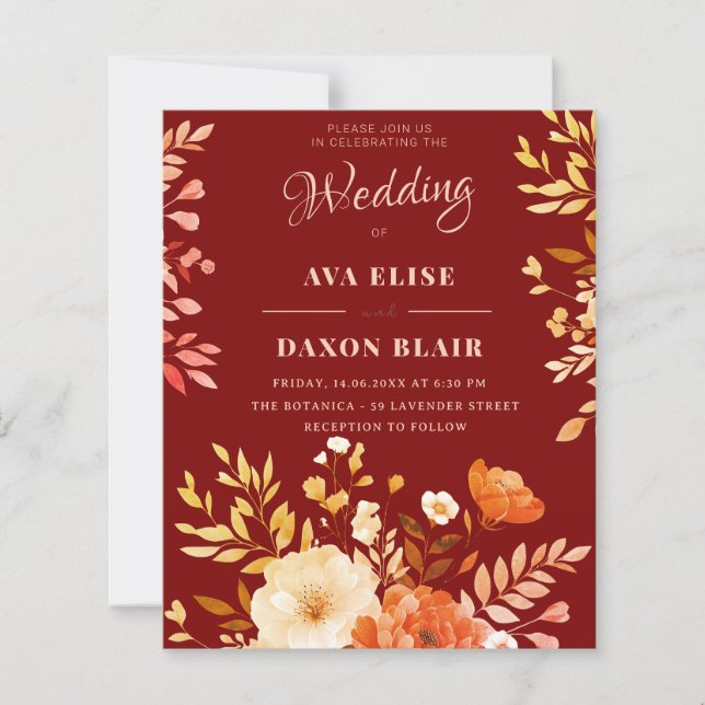 Burgundy Floral Budget Wedding Invitation (Front)