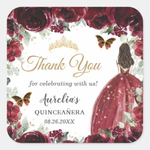 Burgundy Floral Butterflies Princess Gold Favour Square Sticker