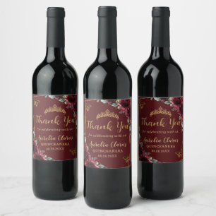 Burgundy Floral Butterflies Princess Gold Favour Wine Label