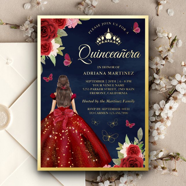Burgundy Floral Butterfly Navy Quinceanera Gold (Creator Uploaded)