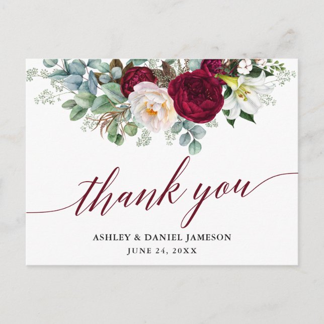 Burgundy Floral Calligraphy Wedding Thank You Postcard (Front)