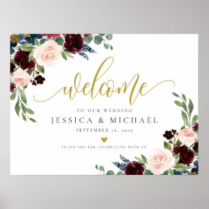 Burgundy Floral calligraphy Wedding Welcome Sign