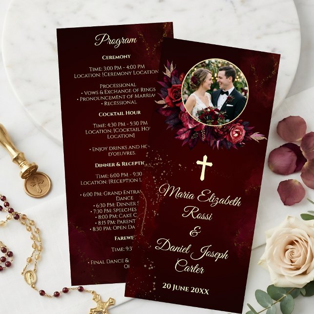 Burgundy Floral Catholic Wedding Program Programme (Burgundy Floral Catholic Wedding Program)