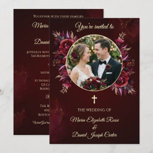 Burgundy Floral Catholic Wedding with Photo Invitation