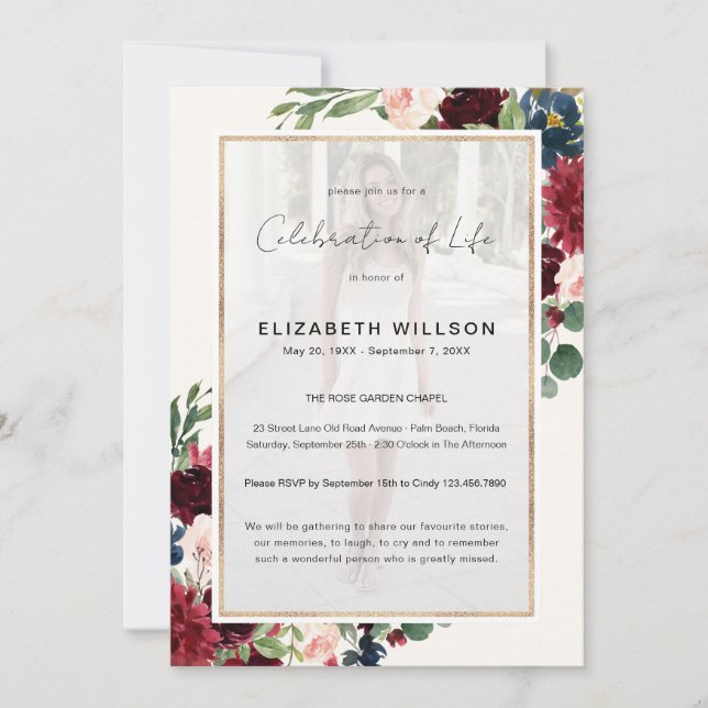 Burgundy Floral Celebration of Life Funeral Photo Invitation (Front)