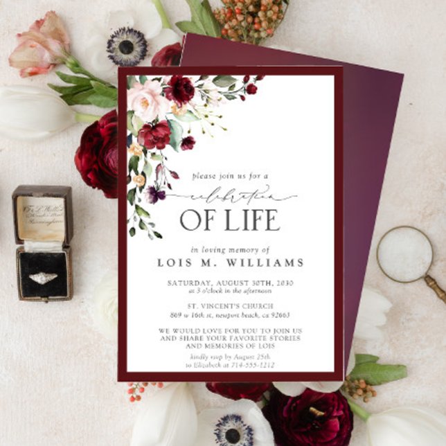 Burgundy Floral Celebration of Life Invitation (Creator Uploaded)