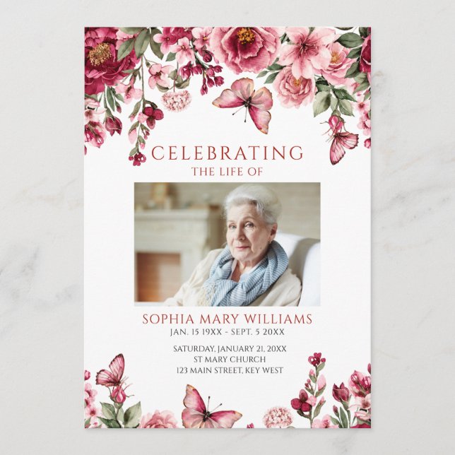 Burgundy Floral Celebration of Life Program Programme (Front)