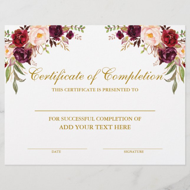 Burgundy Floral Certificate of Completion Gold (Front)