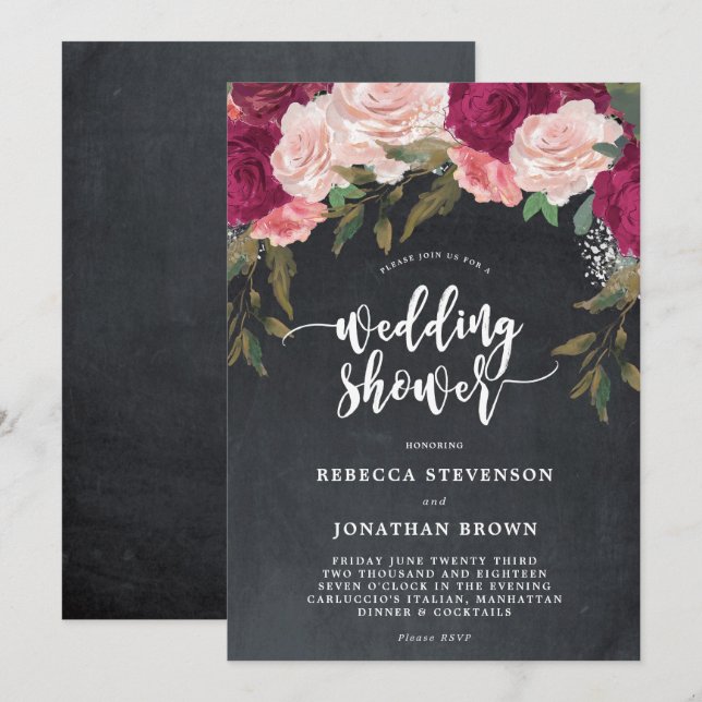 Burgundy floral chalk wedding shower invitation (Front/Back)