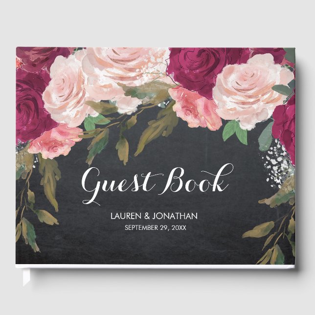 Burgundy floral chalkboard wedding guest book (Front)
