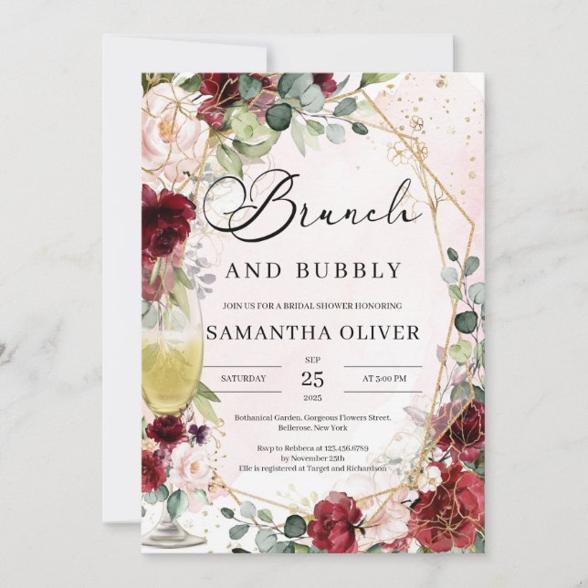 Burgundy floral champagne glass brunch and bubbly invitation (Front)