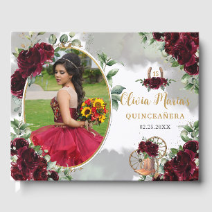 Burgundy Floral Charro Boots Quinceanera Photo Guest Book