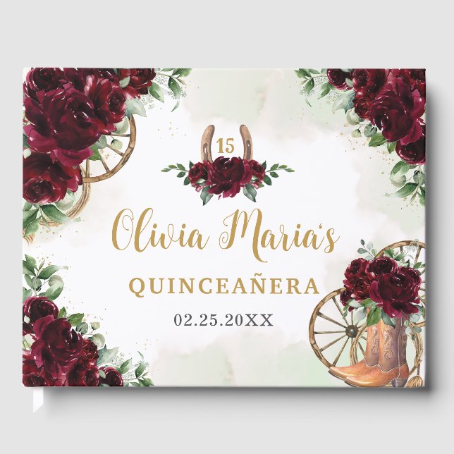 Burgundy Floral Charro Cowboy Boots Quinceanera Guest Book (Front)