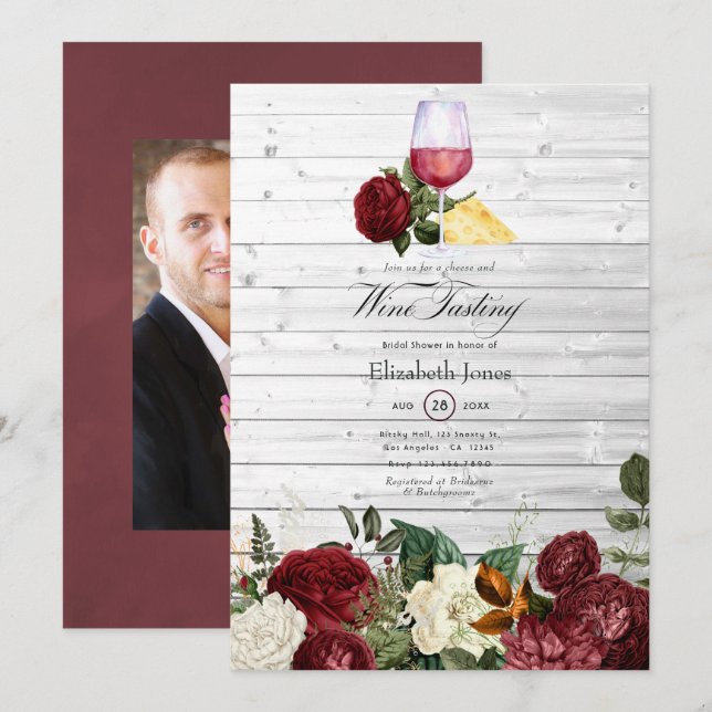 Burgundy Floral Cheese and Wine Bridal Shower Invitation (Front/Back)