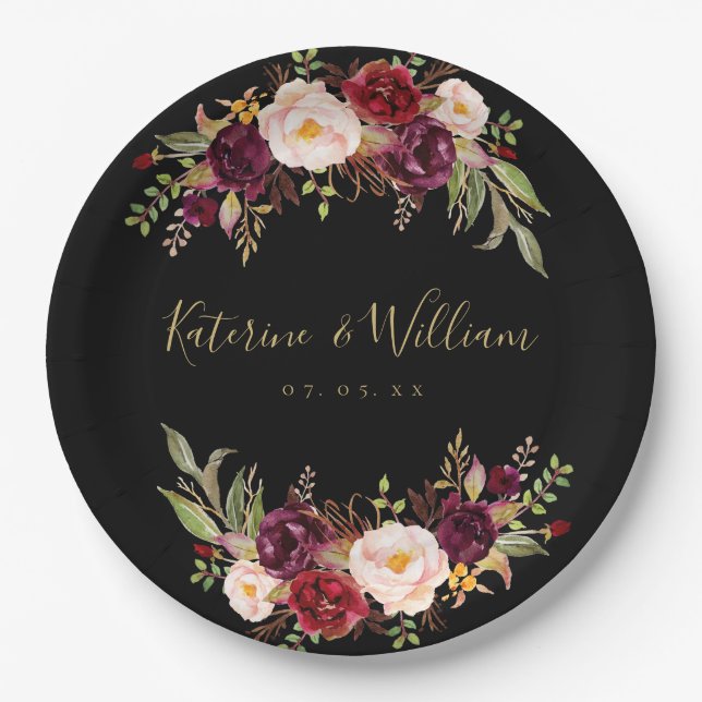 Burgundy Floral Chic Black Gold Engagement Party Paper Plate (Front)