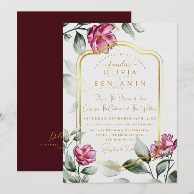 Burgundy  Floral Chic Golden Frame Wedding Invitat Invitation (Front/Back)