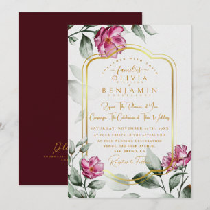 Burgundy  Floral Chic Golden Frame Wedding Invitat Invitation