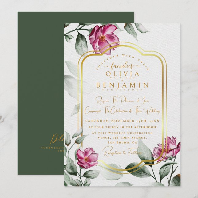 Burgundy  Floral Chic Golden Frame Wedding Invitation (Front/Back)