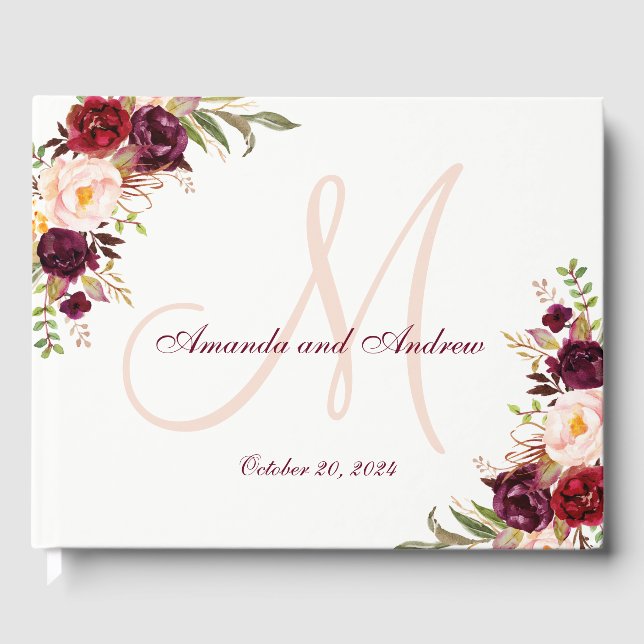 Burgundy Floral Chic Grey Monogram Photo Wedding Guest Book (Front)