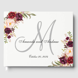 Burgundy Floral Chic Grey Monogram Photo Wedding Guest Book