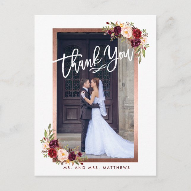 Burgundy Floral Chic Photo Wedding Thank You Announcement Postcard (Front)