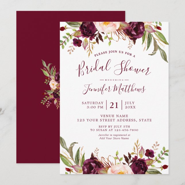 Burgundy Floral Chic Script Rustic Bridal Shower Invitation (Front/Back)
