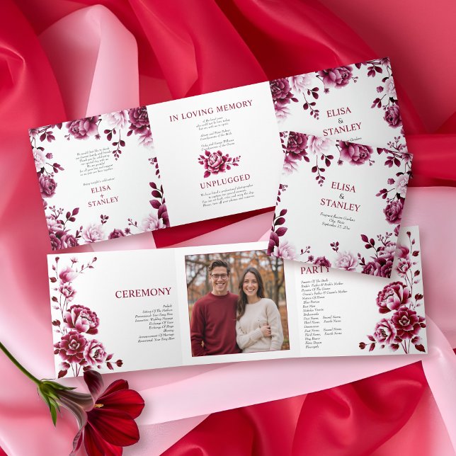 Burgundy floral Chinoiserie peony wedding program Tri-Fold Programme (Creator Uploaded)