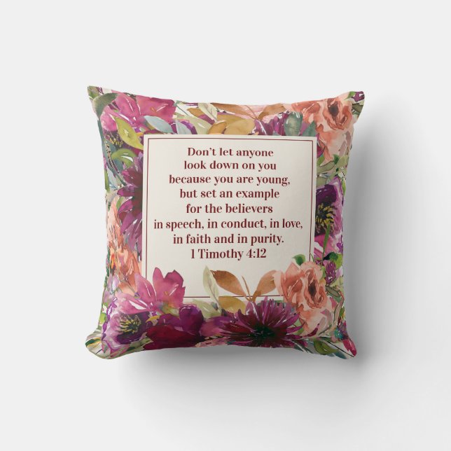 Burgundy Floral Christian Bible Timothy Youth Cushion (Front)