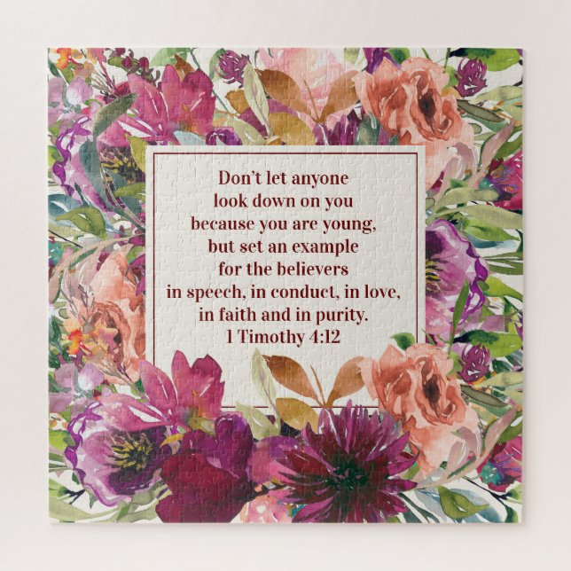 Burgundy Floral Christian Bible Verse Youth Jigsaw Puzzle (Vertical)