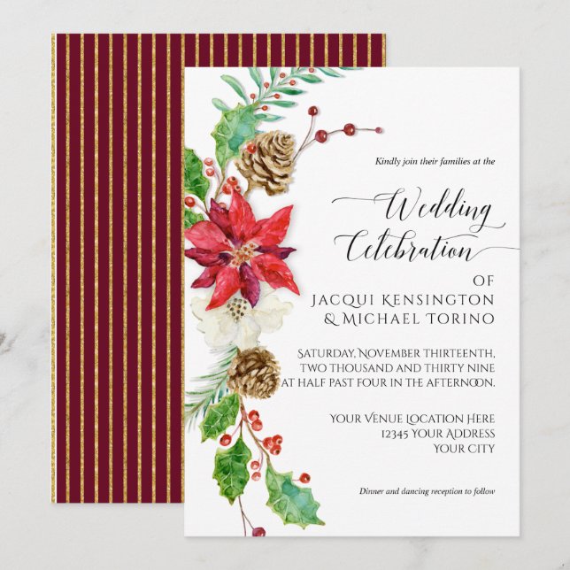 Burgundy Floral Christmas Gold Winter Holly Berry Invitation (Front/Back)