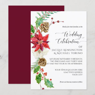 Burgundy Floral Christmas Gold Winter Holly Berry Invitation