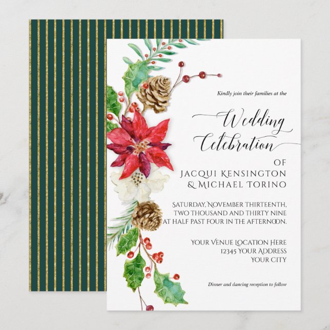 Burgundy Floral Christmas Green Gold Holly Wedding Invitation (Front/Back)