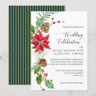 Burgundy Floral Christmas Green Gold Holly Wedding Invitation