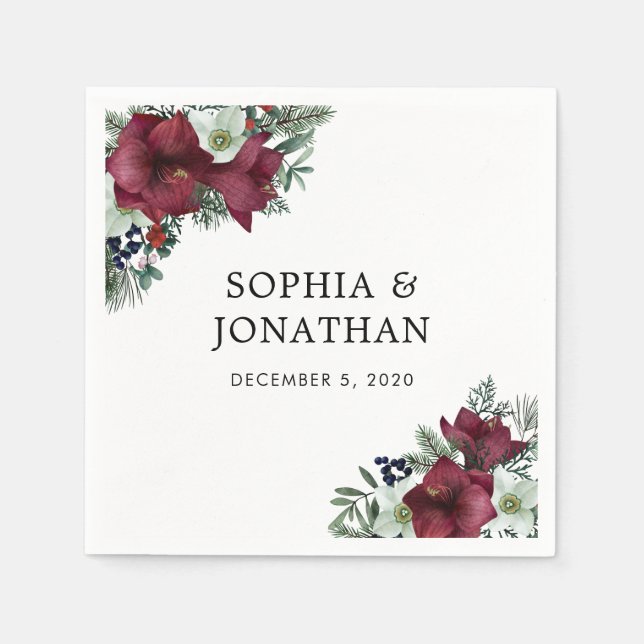 Burgundy Floral Christmas Theme Winter Wedding Napkin (Front)