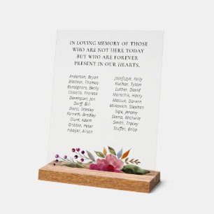 Burgundy Floral Class Reunion Names Memorial Acrylic Sign