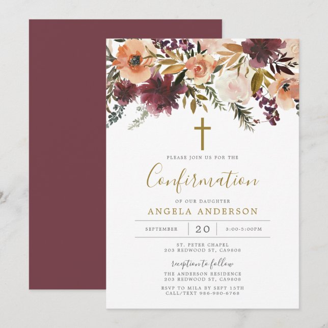 Burgundy Floral Confirmation Invitation (Front/Back)