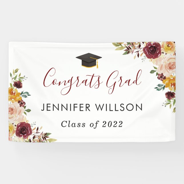 Burgundy Floral Congrats Grad Graduation Party Banner (Horizontal)
