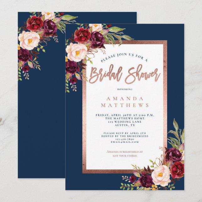 Burgundy Floral Copper Navy Blue Bridal Shower Invitation (Front/Back)