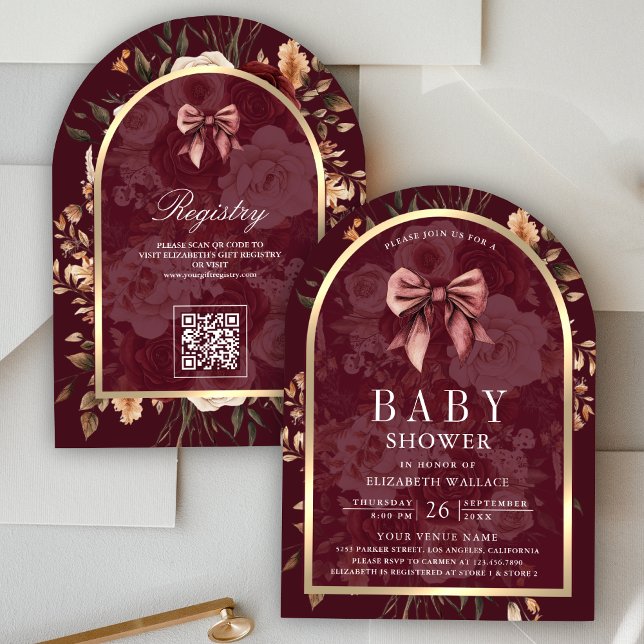 Burgundy Floral Coquette Bow Arch Baby Shower Invitation (Creator Uploaded)