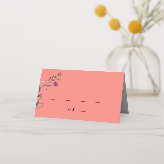 Burgundy Floral | Coral Wedding Place Card (Front)
