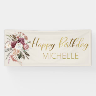 Burgundy Floral Cream Gold Happy Birthday Banner